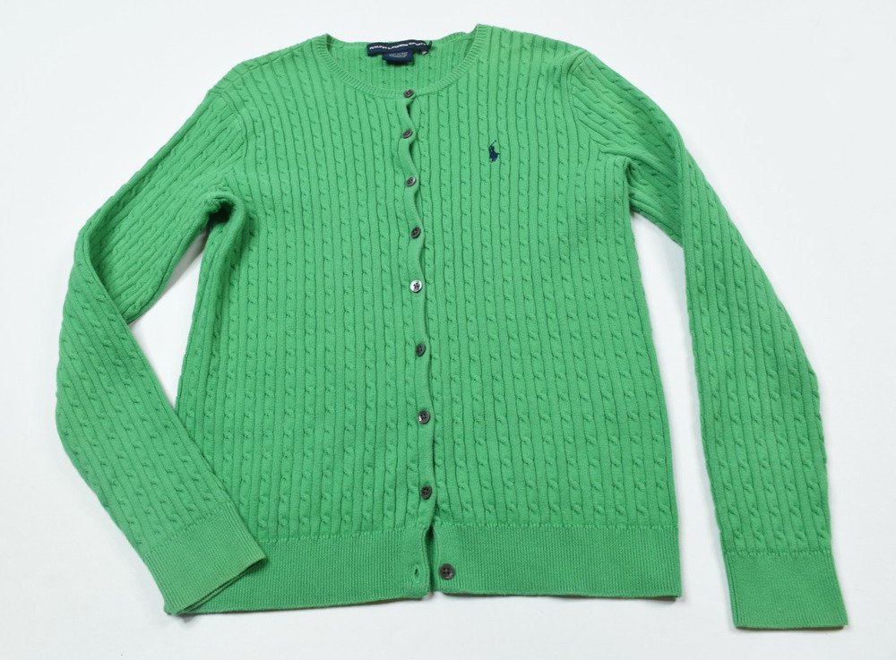 Ralph Lauren Sport Cableknit Cardigan Sweater Womens Large Green Long Sleeve